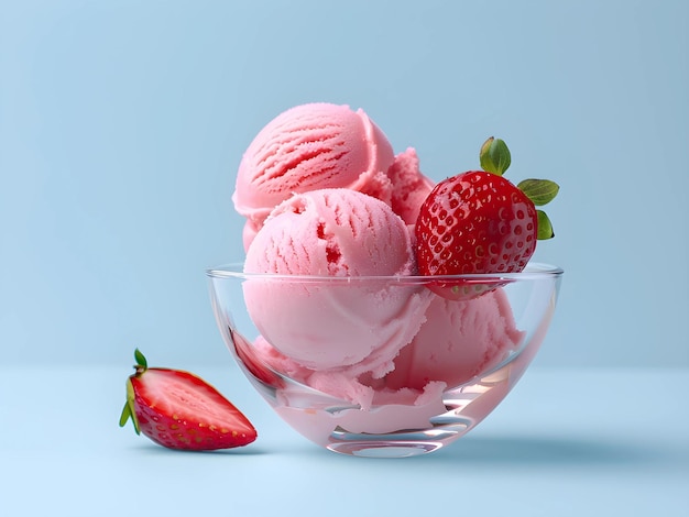 Gelado de morango na pequena tigela de vidro em fundo azul claro do estúdio