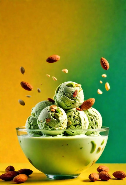 Foto gelado de pistache em tigela de vidro com fundo de gradiente verde