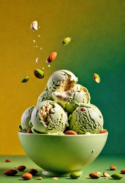 Foto gelado de pistache em tigela de vidro com fundo de gradiente verde