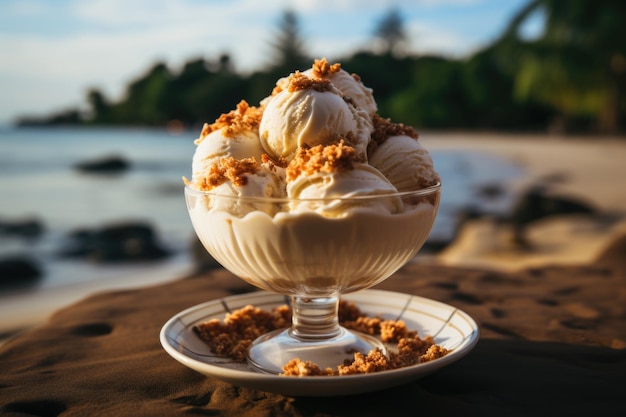 Gelado de pistache num pôr-do-sol na praia com o céu em chamas e tranquilidade generativa IA