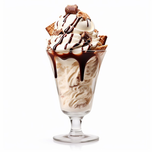 Gelado delicioso com chocolate em um vaso de vidro sobre um fundo branco