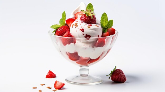 Foto gelado delicioso com morangos em um vaso de vidro sobre um fundo branco