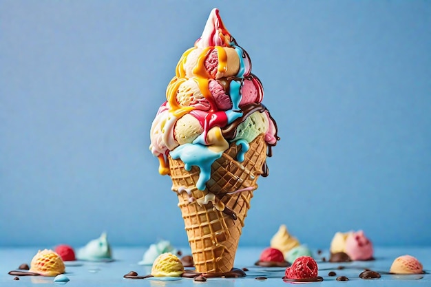 Gelado em cone de waffle com doces coloridos em fundo azul