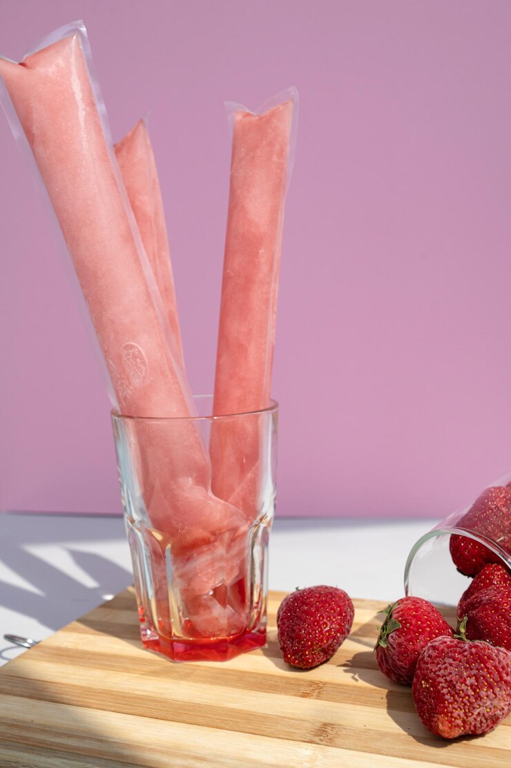 Foto gelado em saco com morangos doce congelado caseiro é conhecido no brasil como dindin chupchup geladinho ou sokole