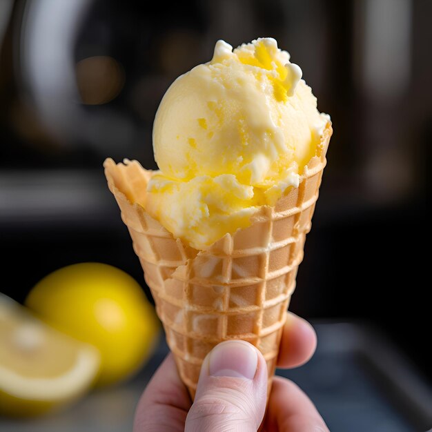 Foto gelado em um cone de waffle com limão no fundo