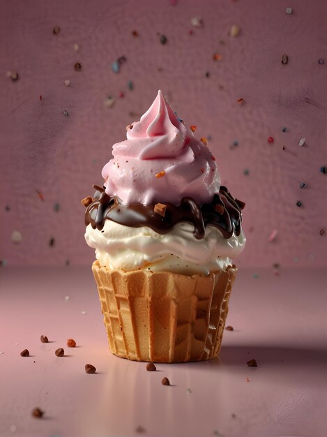 Foto gelado em um copo de waffle em um fundo rosa