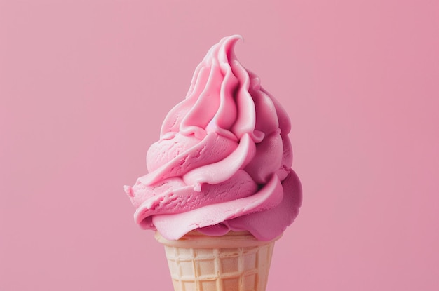 Gelado rosa em um cone em um fundo rosa