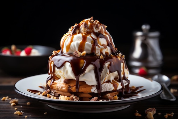 Gelado Sundae com molho de chocolate e nozes AI