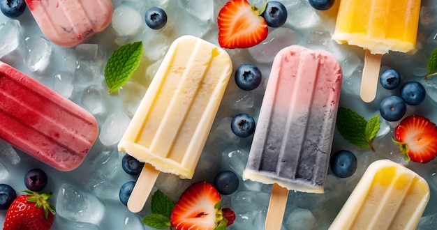 Gelados coloridos em um fundo de gelo com frutas e hortelã espalhados por toda parte conceito de verão