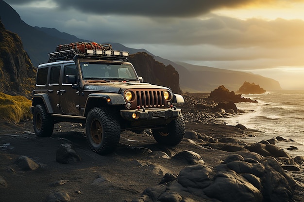 Geländewagen am Strand bei Sonnenuntergang