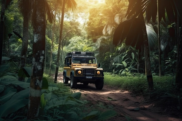 Geländewagen mit Allradantrieb fährt auf schlammiger Straße im Dschungel Jeep auf Safari Erstellt mit generativer KI
