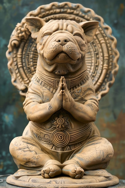 Gelassenes Hundestatue in Meditationspose mit traditioneller Zen-Kreis Spiritueller Yoga-Figur auf Rustik