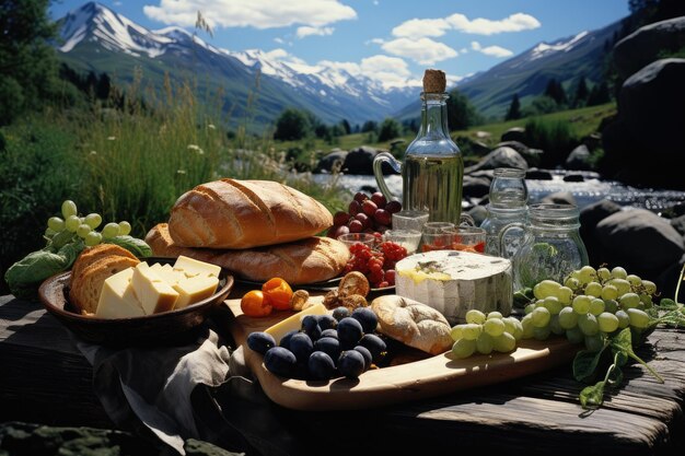 Gelassenes Picknick am Ufer des Baches in den Bergen generative IA