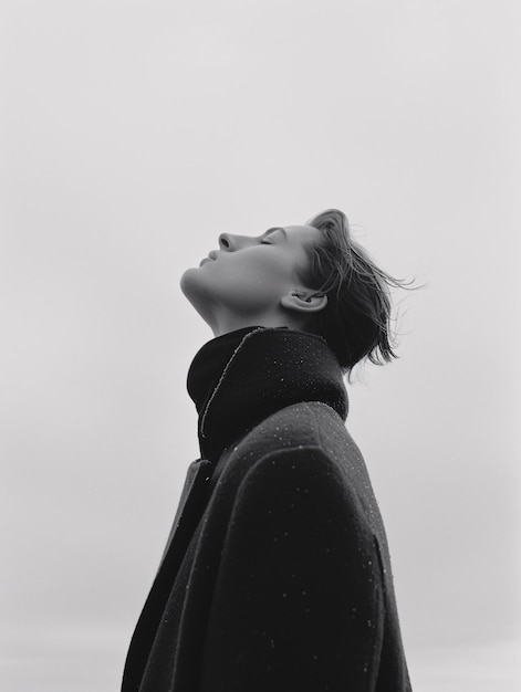 Gelassenes Profil einer Frau in schwarzem Mantel gegen den bewölkten Himmel Generative KI