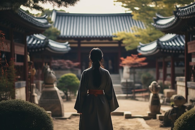 Gelassenheit erkundete eine asiatische Frau im Hanbok im Tempelhof