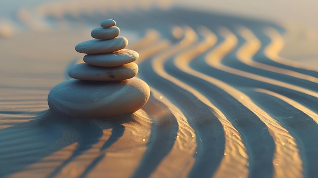 Gelassenheit im Gleichgewicht Zen-Steine auf Sand mit welliger Textur eine beruhigende Szene mit warmem Licht perfekt für Wellness und Meditation KI