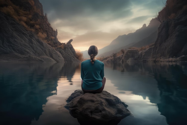 Gelassenheit in der Natur. Frau findet ihr Gleichgewicht, indem sie Yoga in friedlicher Einsamkeit praktiziert