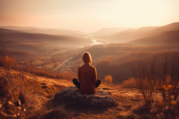 Gelassenheit in der Natur. Frau findet ihr Gleichgewicht, indem sie Yoga in friedlicher Einsamkeit praktiziert