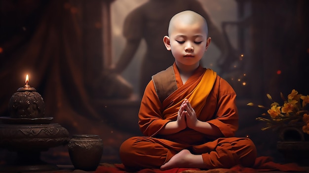 Foto gelassenheit in der stille kleiner mönch, der die essenz von gautama buddha verkörpert