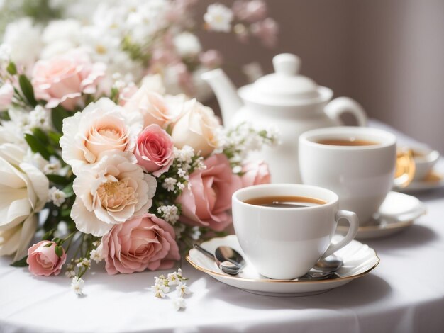 Gelassenheit in Einfachheit Kaffee und Bouquet auf dem Tisch