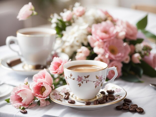 Gelassenheit in Einfachheit Kaffee und Bouquet auf dem Tisch