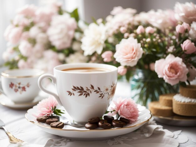 Gelassenheit in Einfachheit Kaffee und Bouquet auf dem Tisch