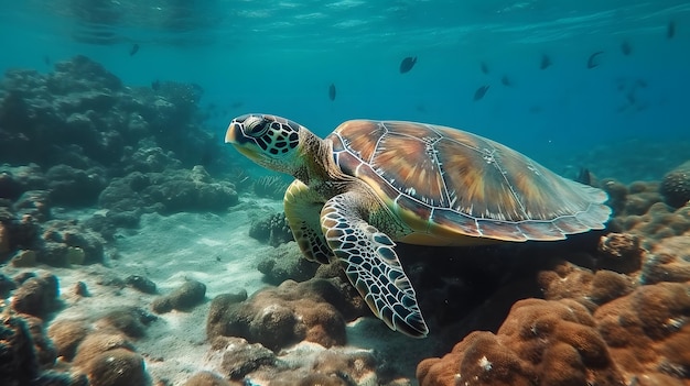 Gelassenheit unter Wasser Eine majestätische Schildkröte gleitet durch Korallenriffe im Great Barrier Reef