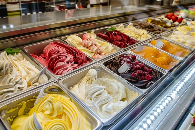 Gelato italiano en un arco iris de sabores apilados hig