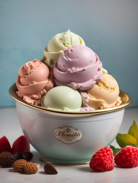 El gelato italiano es un postre congelado hecho con crema de leche, azúcar y saborizantes fotografía publicitaria