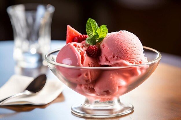 Gelato italiano Un tazón de helado con una hoja de menta encima