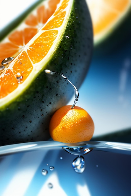 Foto gelb-orangefarbene fruchtscheiben-orangensaft-display-werbehintergrund für geschäftsförderung