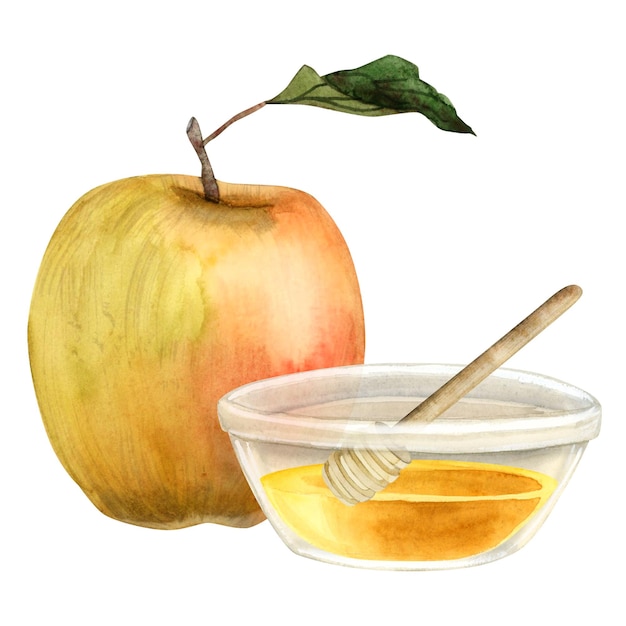 Gelb-rote Apfel- und Honigschale mit hölzernem Schöpflöffel, Aquarell-Illustration für Rosh Hashanah