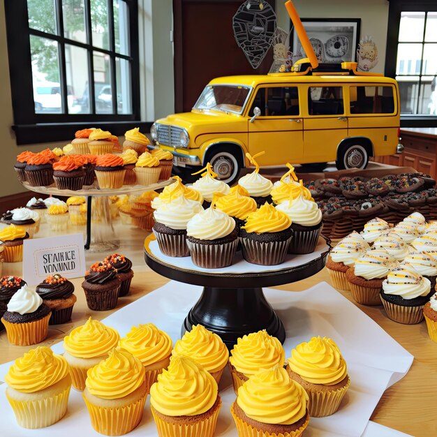 Gelb-weißer Kuchen und Cupcakes