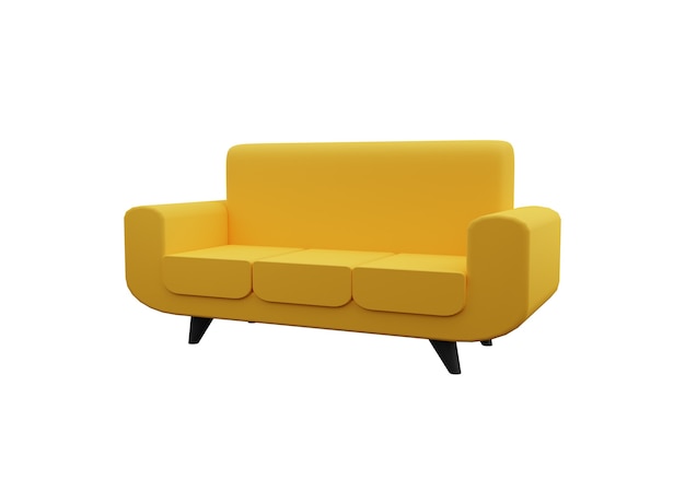 Gelbe Abbildung des Sofas 3d lokalisiert auf weißem Hintergrund. Isolierte Sofa 3D-Darstellung.