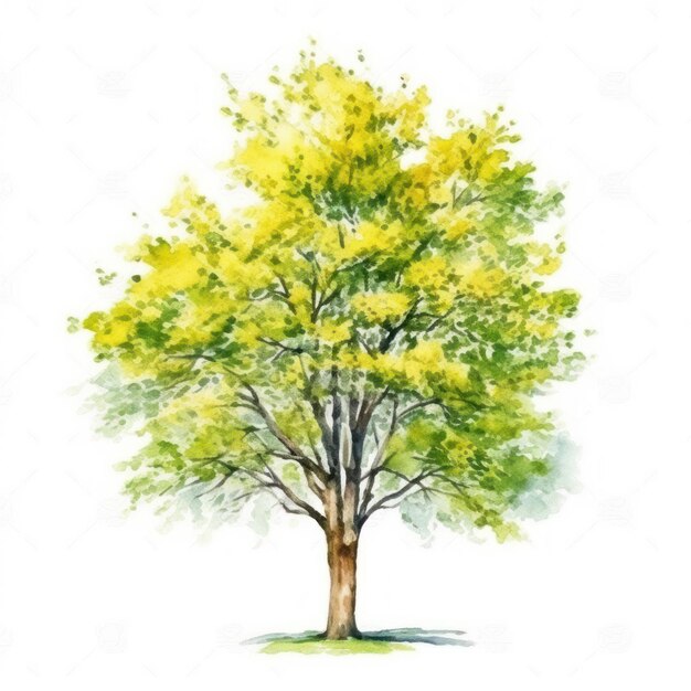 Gelbe Baum-Aquarellmalerei auf weißem Hintergrund.