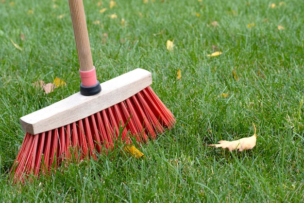 gelbe blätter liegen auf dem grünen gras auf der straße steht ein holzbesen mit roten borsten