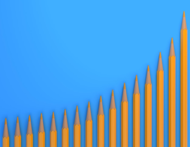 Gelbe Bleistifte auf technischem Diagramm der finanziellen Expansion Wellenmusterreihe auf blauem Hintergrund 3D