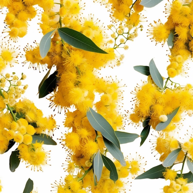 gelbe Blüten und Blätter auf weißem Hintergrund, generative KI