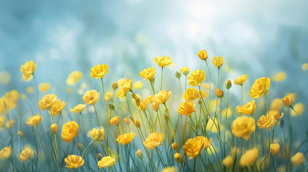 Gelbe Blüten und Knospen auf stängeln verschmiert hellgrünen Hintergrund Blumenfeld Blütenblumen ein Symbol des Frühlings neues Leben