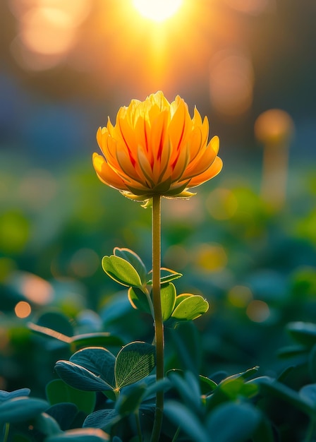 Gelbe Blume blüht im Garten und die Sonne scheint durch