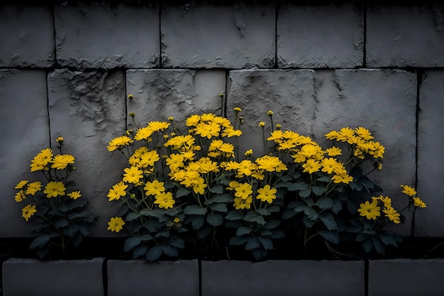 Gelbe Blumen an einer grauen Wand mit dem Wort Blume darauf