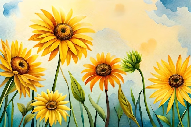 Gelbe Blumen-Aquarell. Erstellt mit generativer KI-Technologie