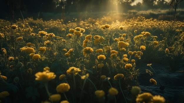 Gelbe Blumen auf der Wiese bei Sonnenuntergang vintage tonedgenerative ai