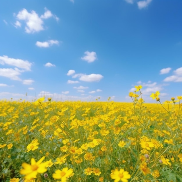 Gelbe Blumen auf einem Feld mit blauem Himmel und Wolken