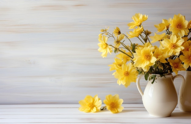 gelbe Blumen auf einem weißen Holztisch