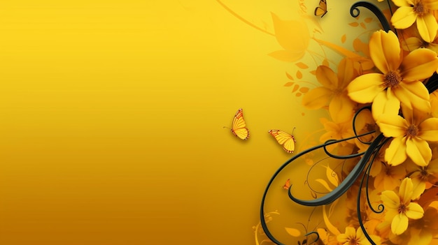 Gelbe Blumen und Schmetterlinge auf gelbem Hintergrund mit einer generativen Schmetterlings-Ki