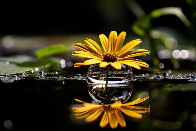 Gelbe Blumenreflexion Makro-Wassertropfen auf Blatt