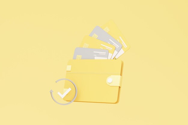 Gelbe Brieftasche und graue Kreditkarte und Symbol für eine erfolgreiche Überweisung auf gelbem Pastell-Hintergrund Geld sparen bargeldlose Gesellschaft Konzept realistische 3D-Render-Illustration