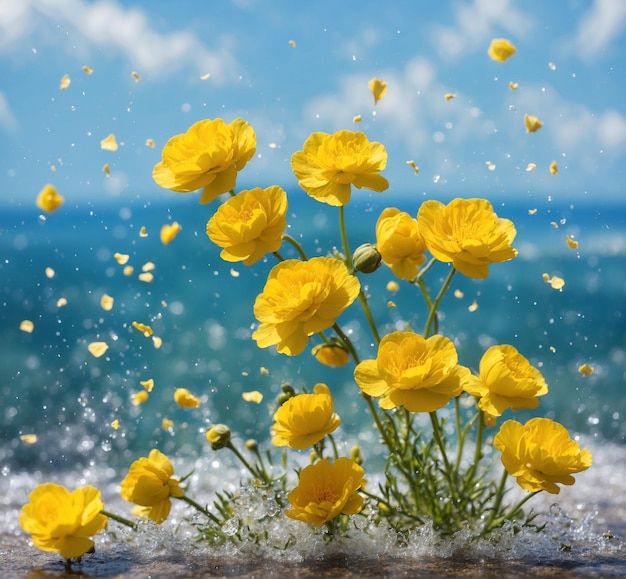 Gelbe Buttercups auf dem Hintergrund des Meeres und Wasserspritzungen.