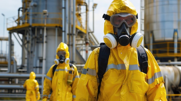 Gelbe Chemikalien-Rückgewinnungsbohrung mit Rettungspersonal in Schutzkleidung in einer Chemieanlage